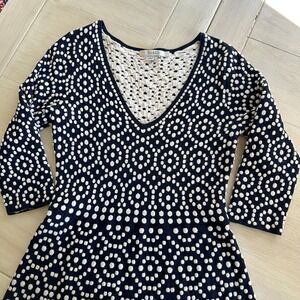 Boden Annabel Knit A-line Navy White V Neck Knit Fit and Flare Geometric Dress